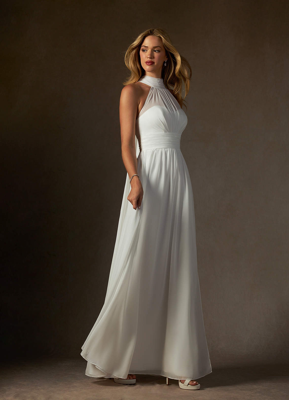 Diamond White A-Line Pleated Chiffon Dress