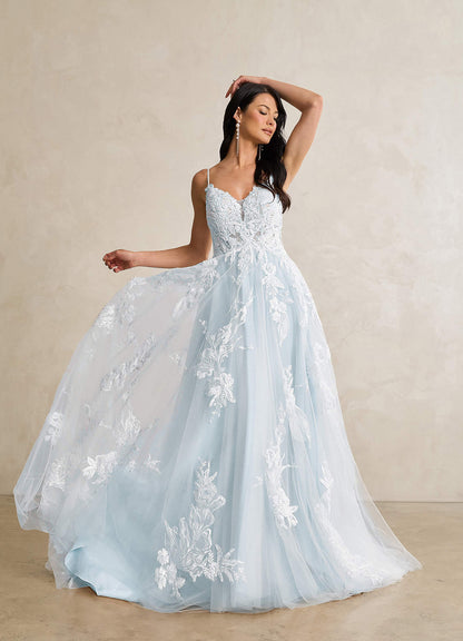 Misty Blue A-Line V-Neck Sequins Tulle Dress