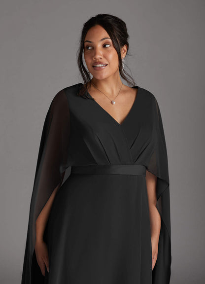 Black A-Line V-Neck Pleated Chiffon Dress