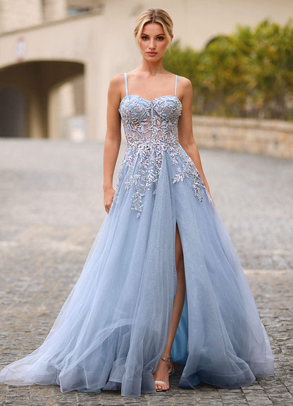 Celeste Dusty Blue Rhinestone Sheer Lace Prom Dress  Dress