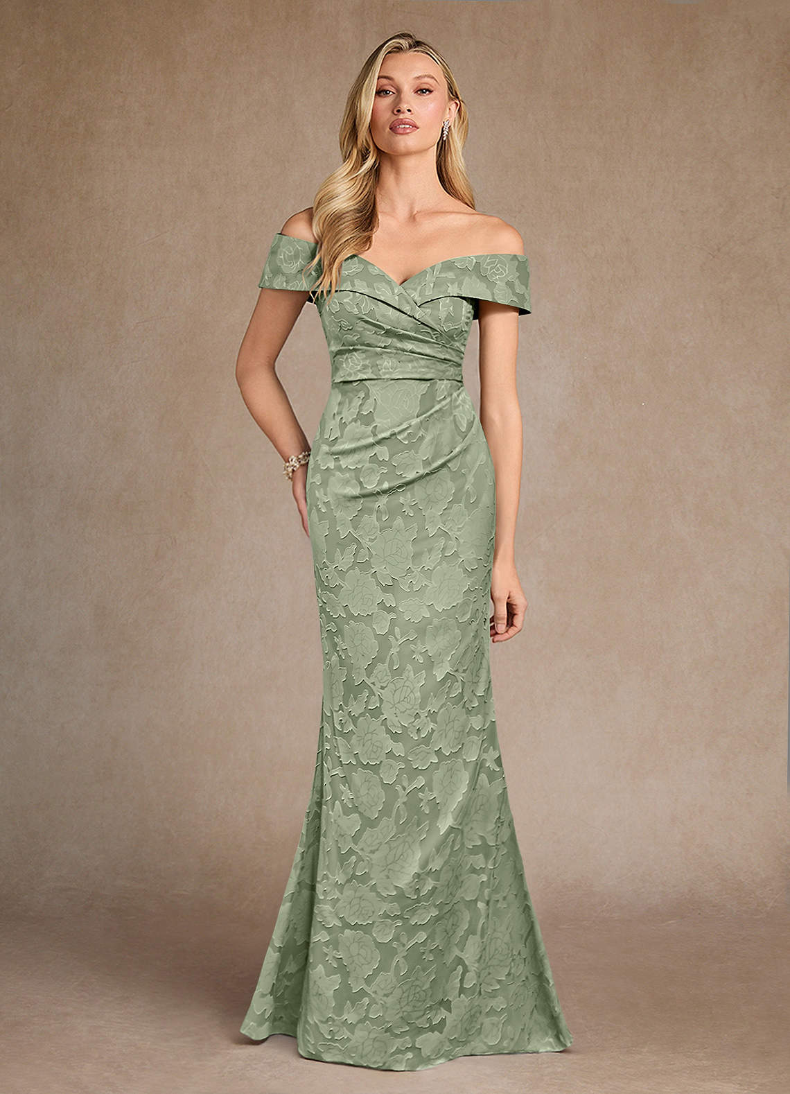 Dusty Sage Mermaid Off the Shoulder Floral Burnout Dress