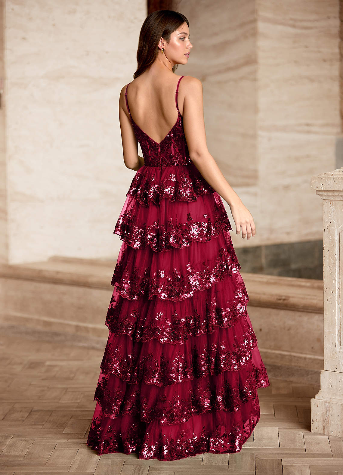 Tindra Burgundy Sequins Ruffles Prom Dress  Dress