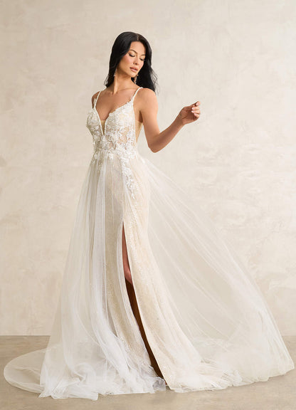 Diamond White Champagne Mermaid Sequins Lace Dress