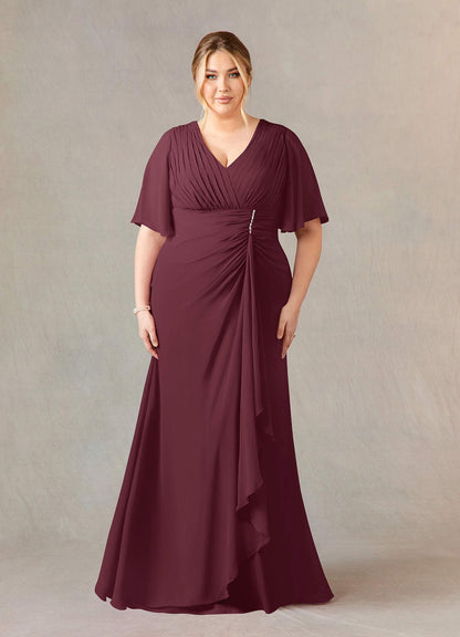Cabernet A-Line V-Neck Lace Chiffon Dress