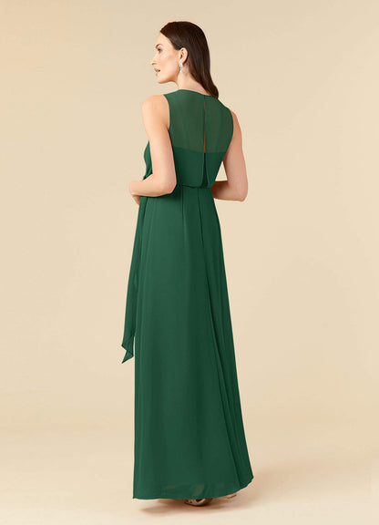 Dark Green A-Line Scoop Pleated Chiffon Dress