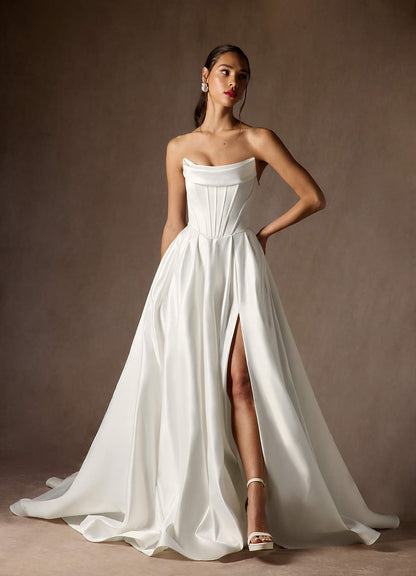 Diamond White Ball-Gown Strapless Satin Dress