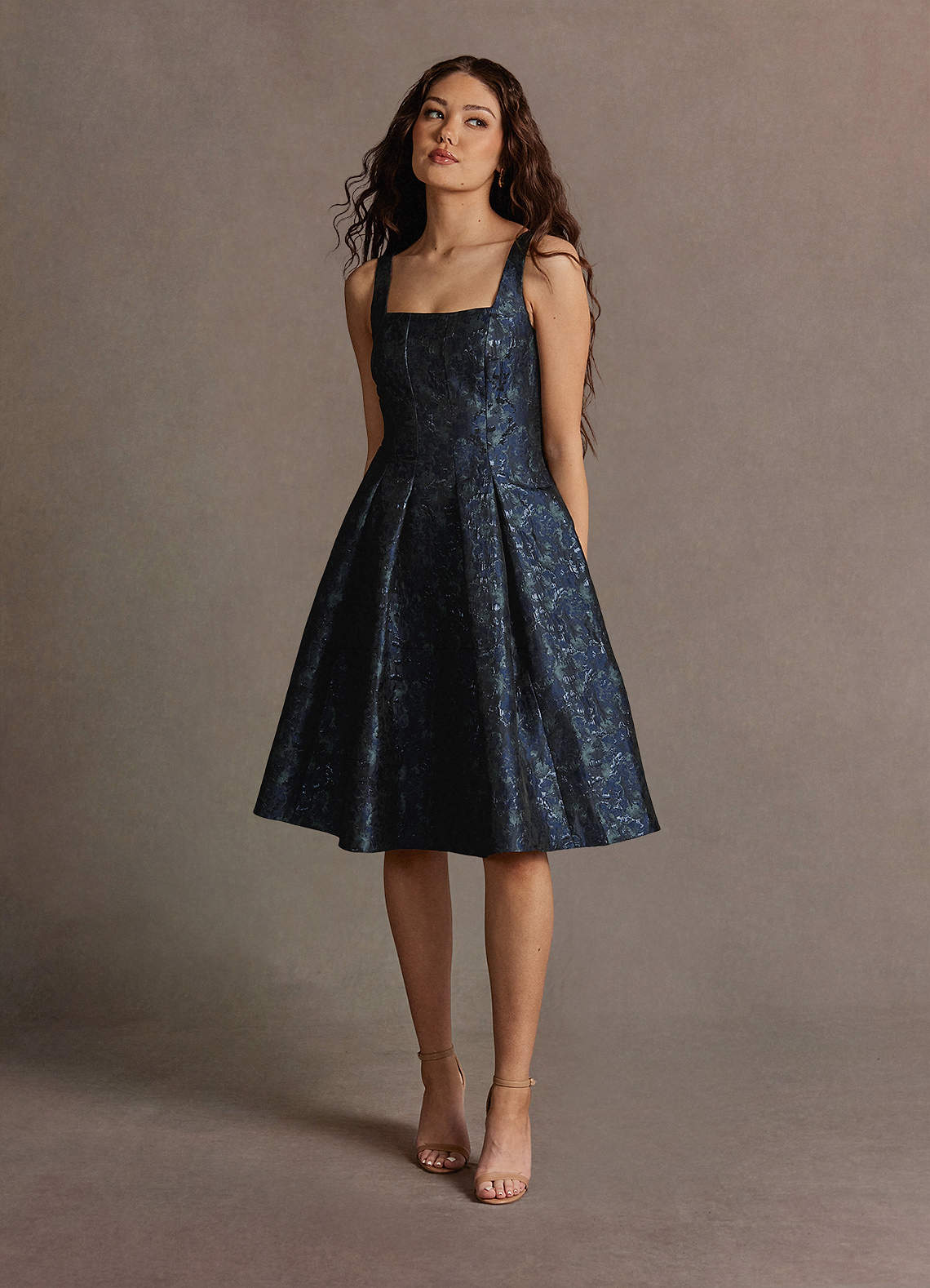Jackey Navy Jacquard Pleated Midi Dress  Dress