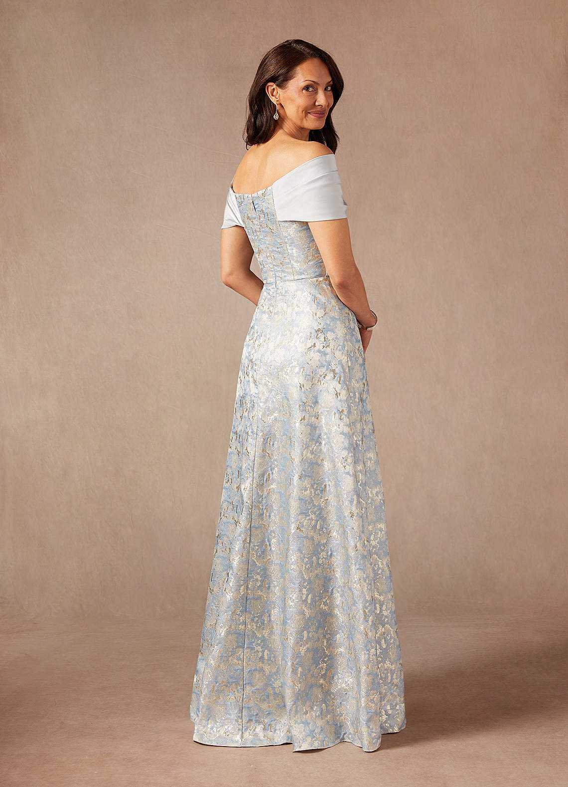 Dusty Blue A-Line Off the Shoulder Jacquard Dress