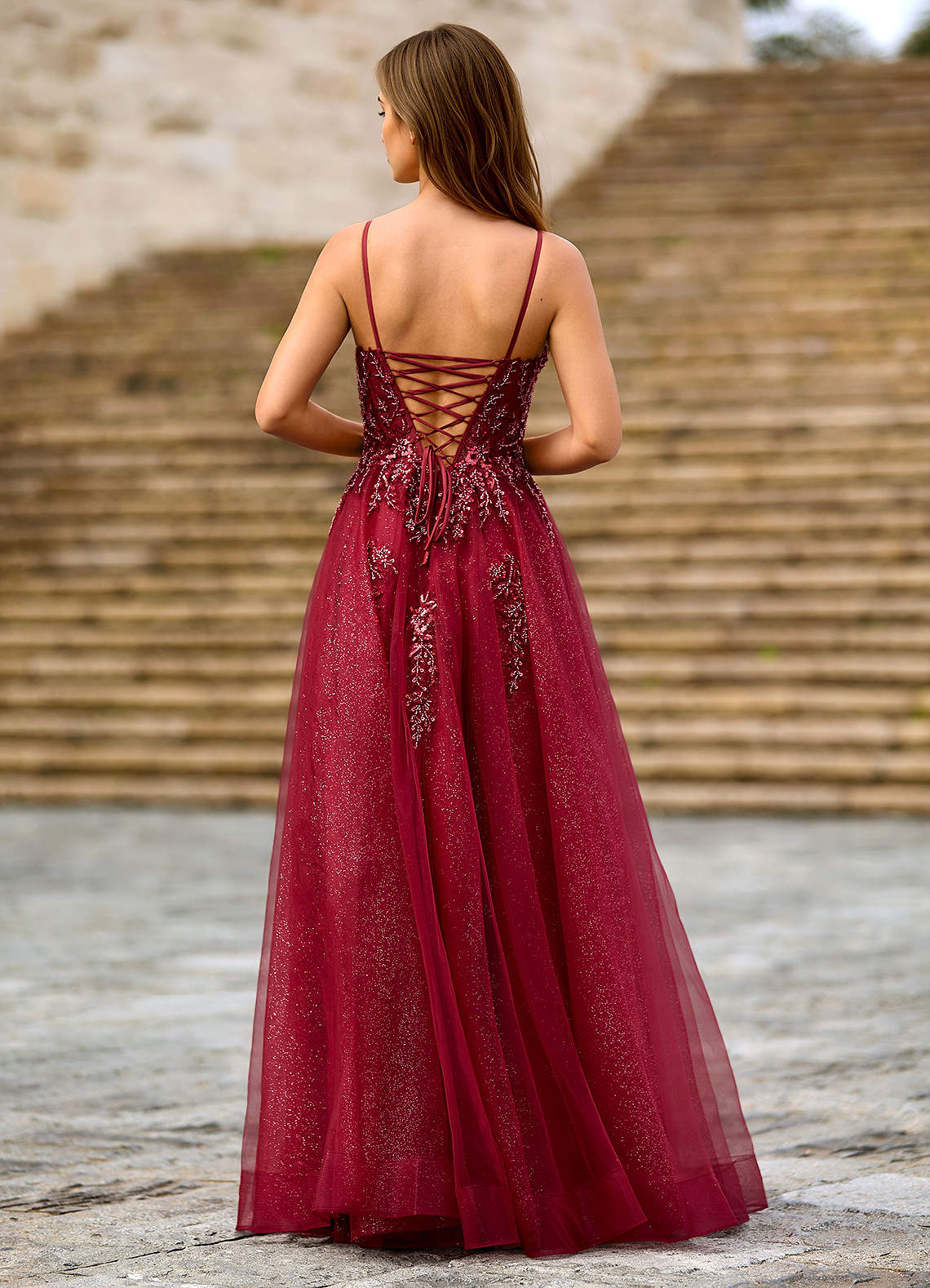 Milliener Burgundy Tulle Flowers Prom Dress