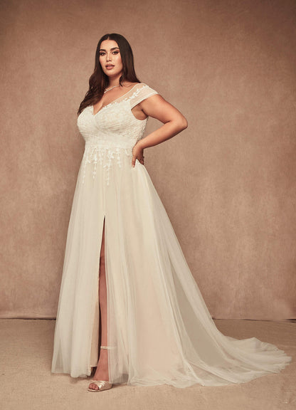 Diamond White Champagne A-Line V-Neck Tulle Dress