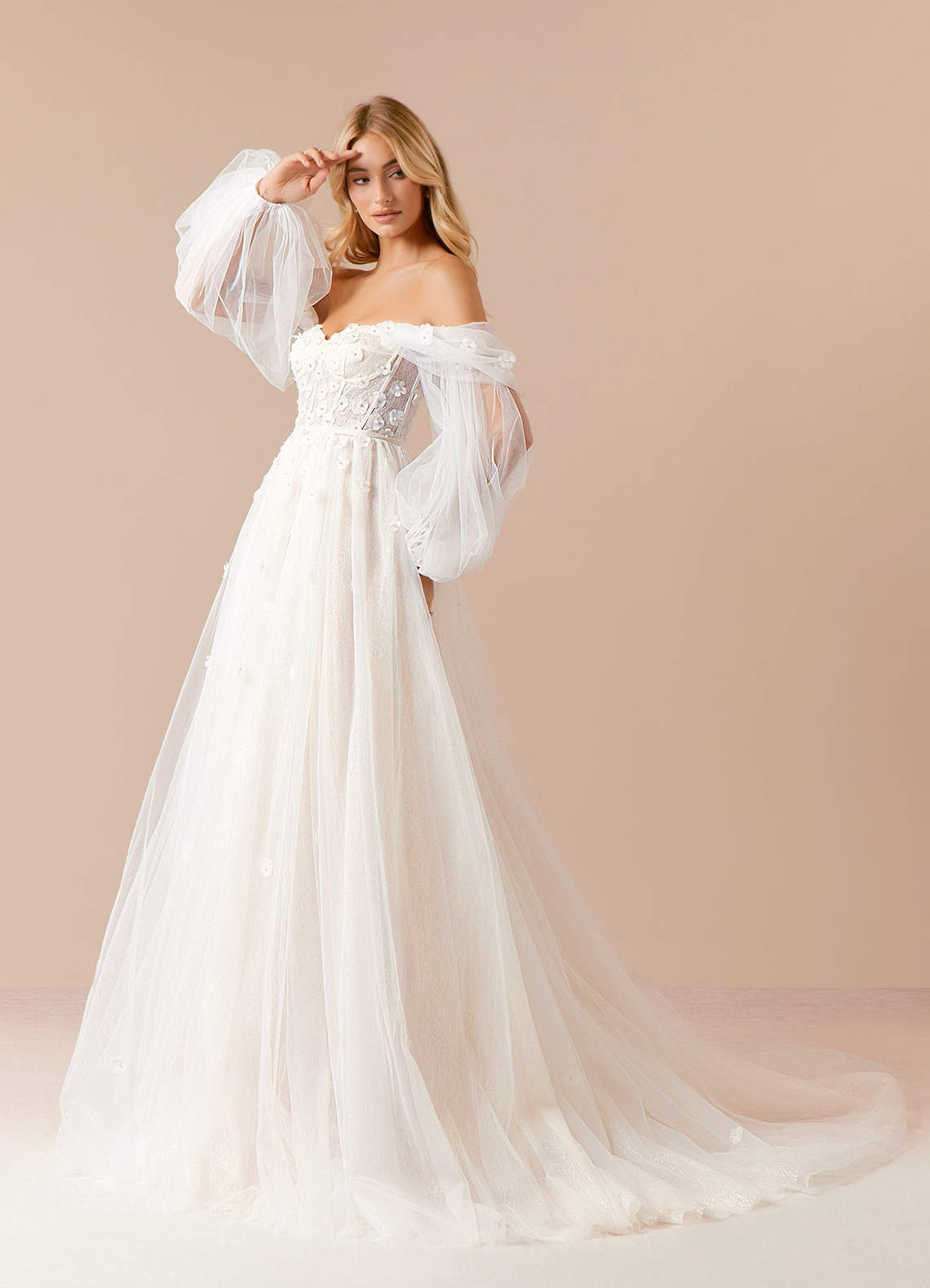 Diamond White Champagne A-Line Off the Shoulder Tulle Dress