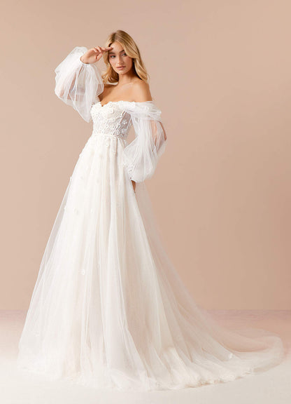 Diamond White Champagne A-Line Off the Shoulder Tulle Dress
