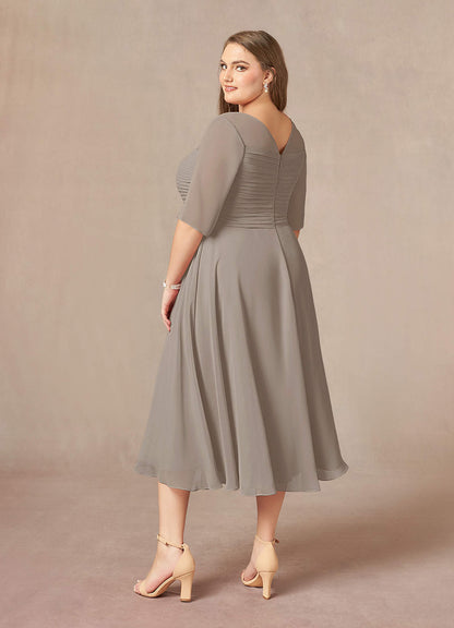 Taupe A-Line Boatneck Pleated Chiffon Dress