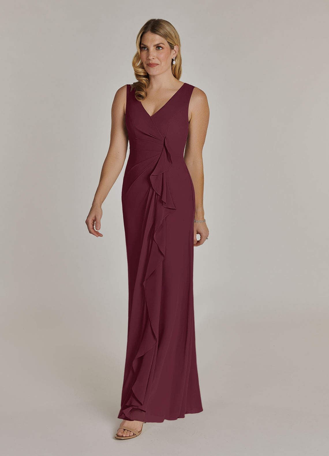 Cabernet A-Line V-Neck Pleated Chiffon Dress