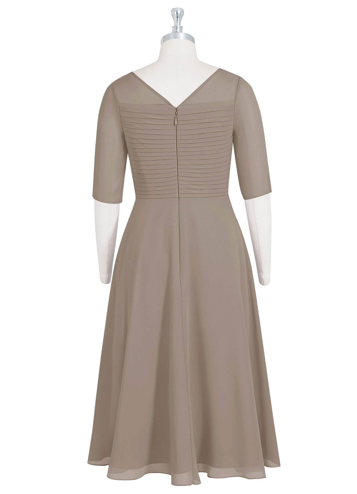 Taupe A-Line Boatneck Pleated Chiffon Dress
