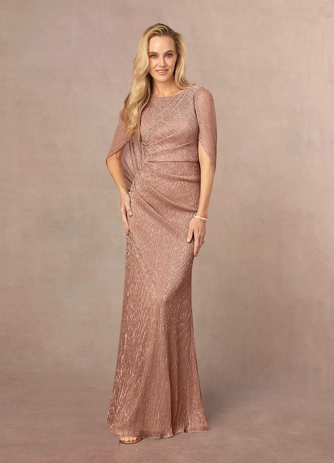 Rose Gold Sheath Pleated Cape Metallic Mesh Dress