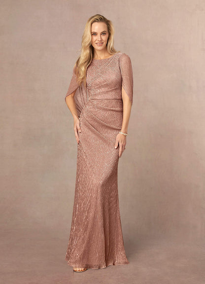 Rose Gold Sheath Pleated Cape Metallic Mesh Dress