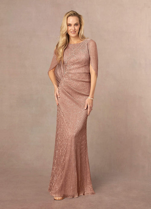 Rose Gold Sheath Pleated Cape Metallic Mesh Dress