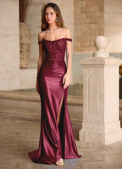 Valeria Burgundy Velvet Sequins Corset Satin Prom Dress