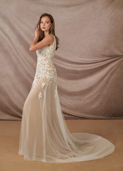 Diamond White Nude Sheath Sequins Tulle Dress