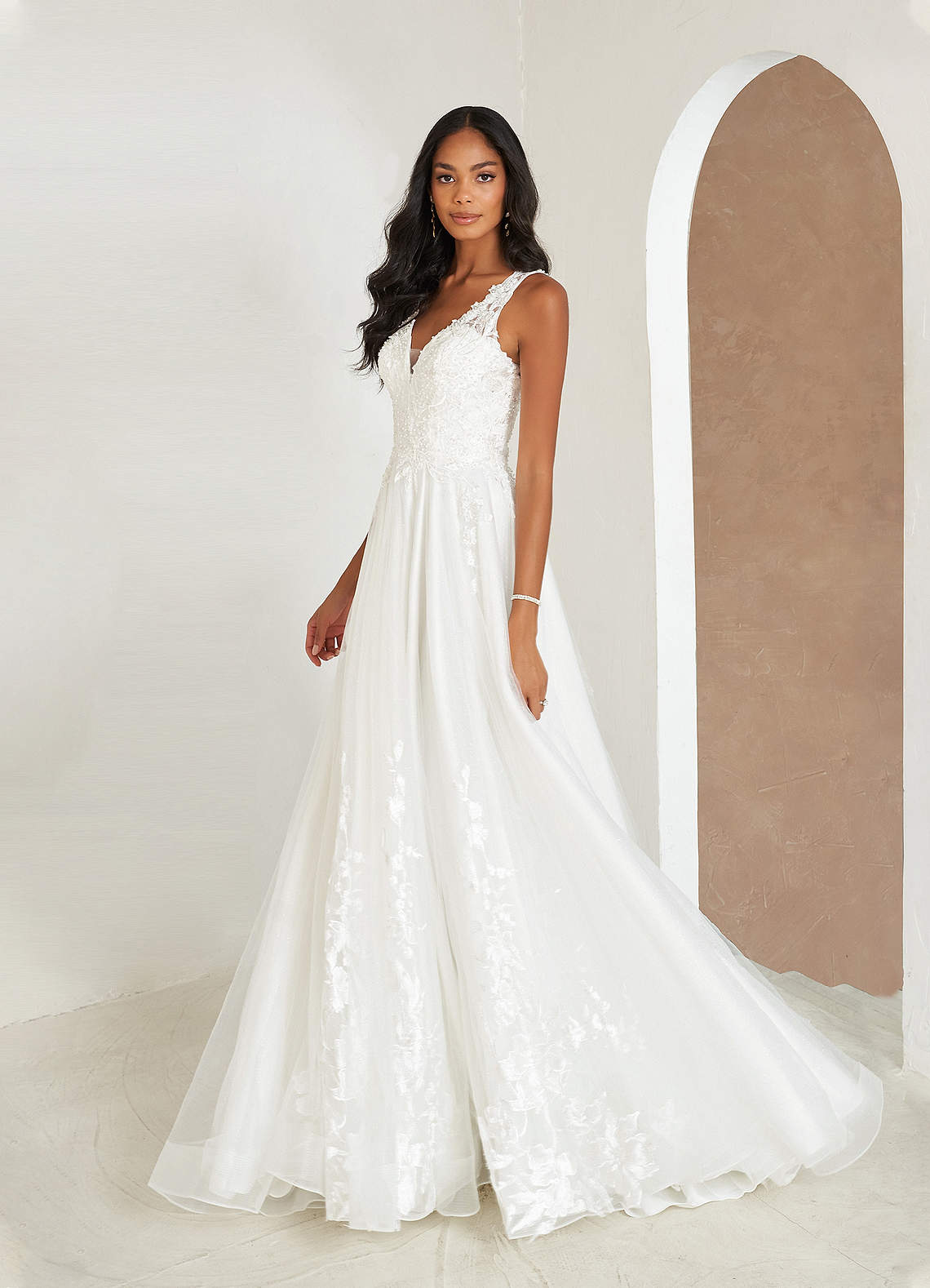 Diamond White A-Line Sequins Matte Satin Dress
