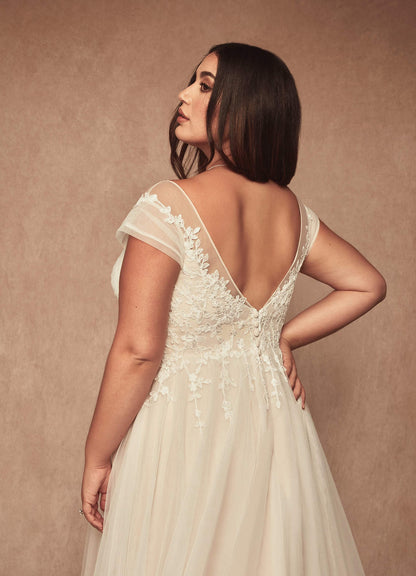 Diamond White Champagne A-Line V-Neck Tulle Dress