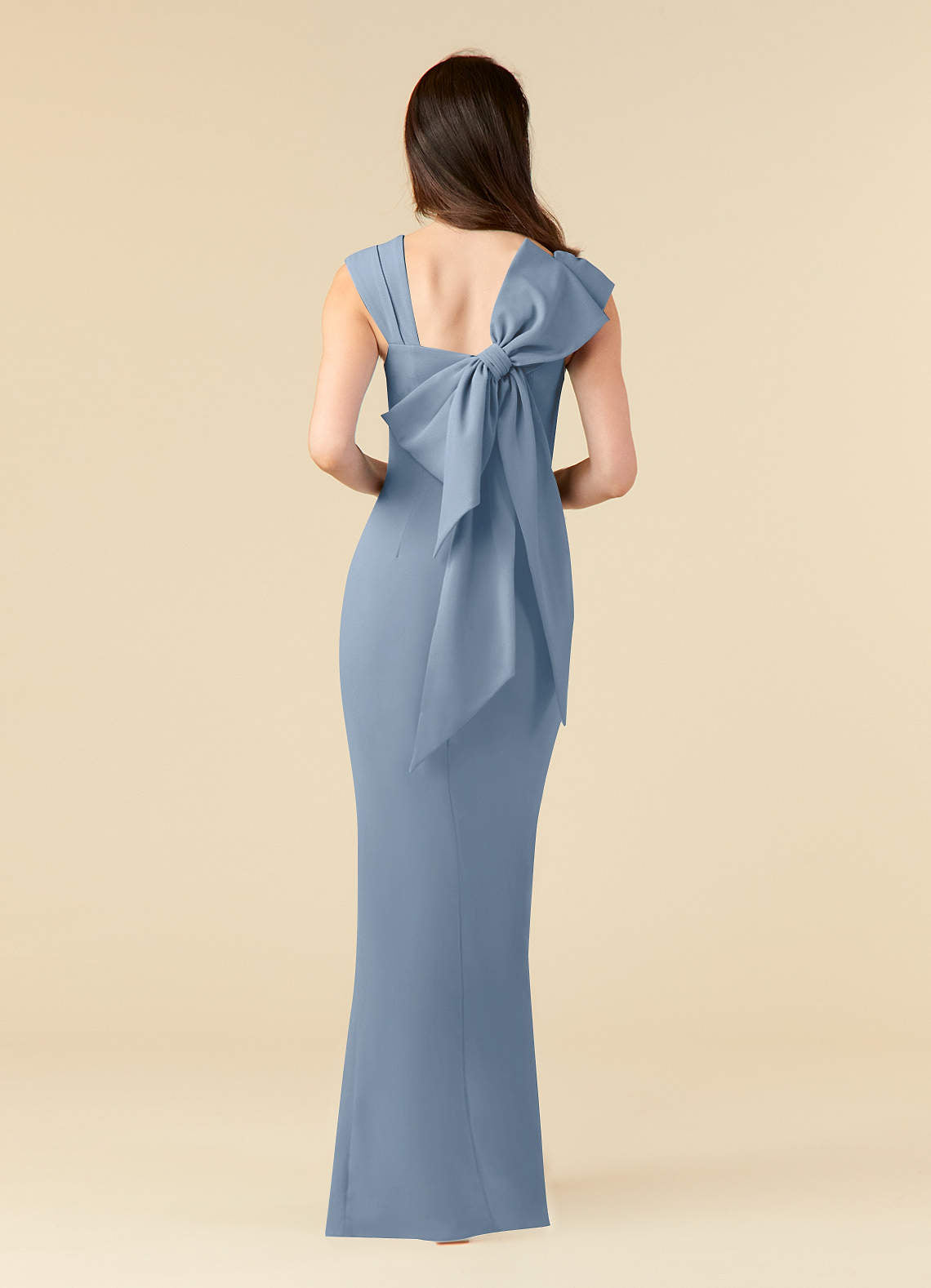 Dusty Blue Sheath Side Slit Stretch Crepe Dress
