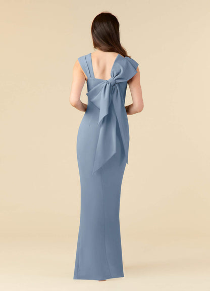 Dusty Blue Sheath Side Slit Stretch Crepe Dress