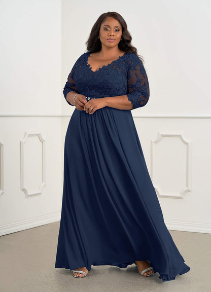 Dark Navy A-Line V-Neck Lace Chiffon Dress