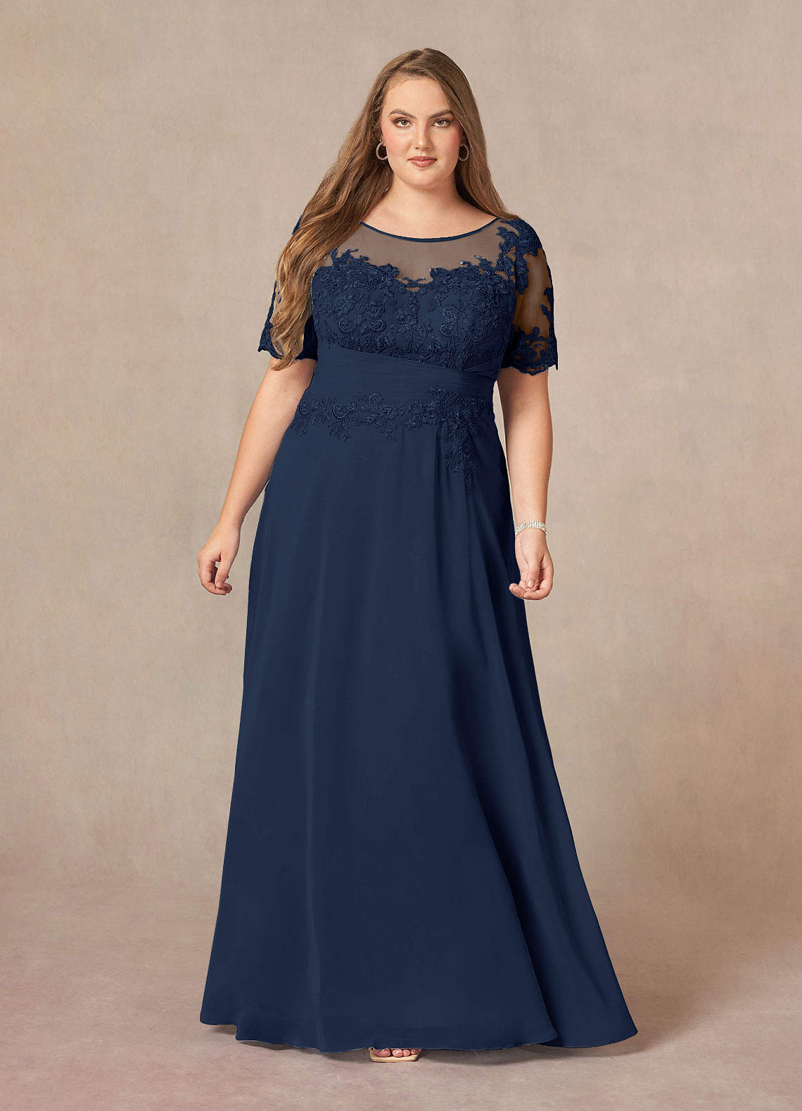 Dark Navy A-Line Lace Chiffon Dress