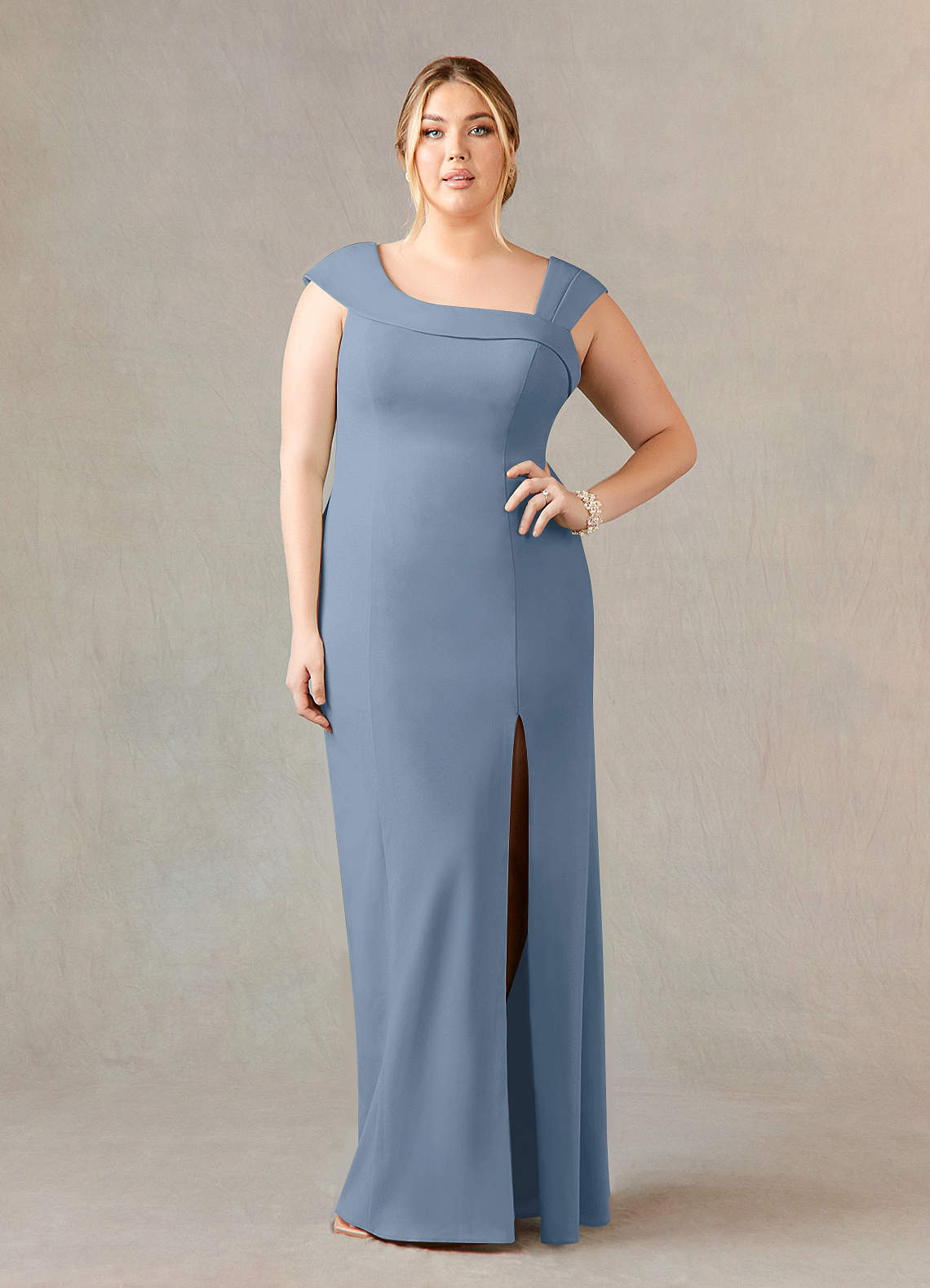 Dusty Blue Sheath Side Slit Stretch Crepe Dress
