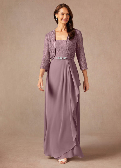 Dusty Rose A-Line Square Neckline Lace Chiffon Dress