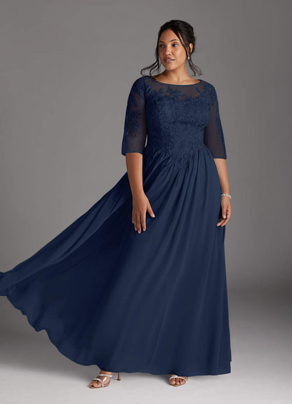 Dark Navy A-Line Scoop Lace Chiffon Dress