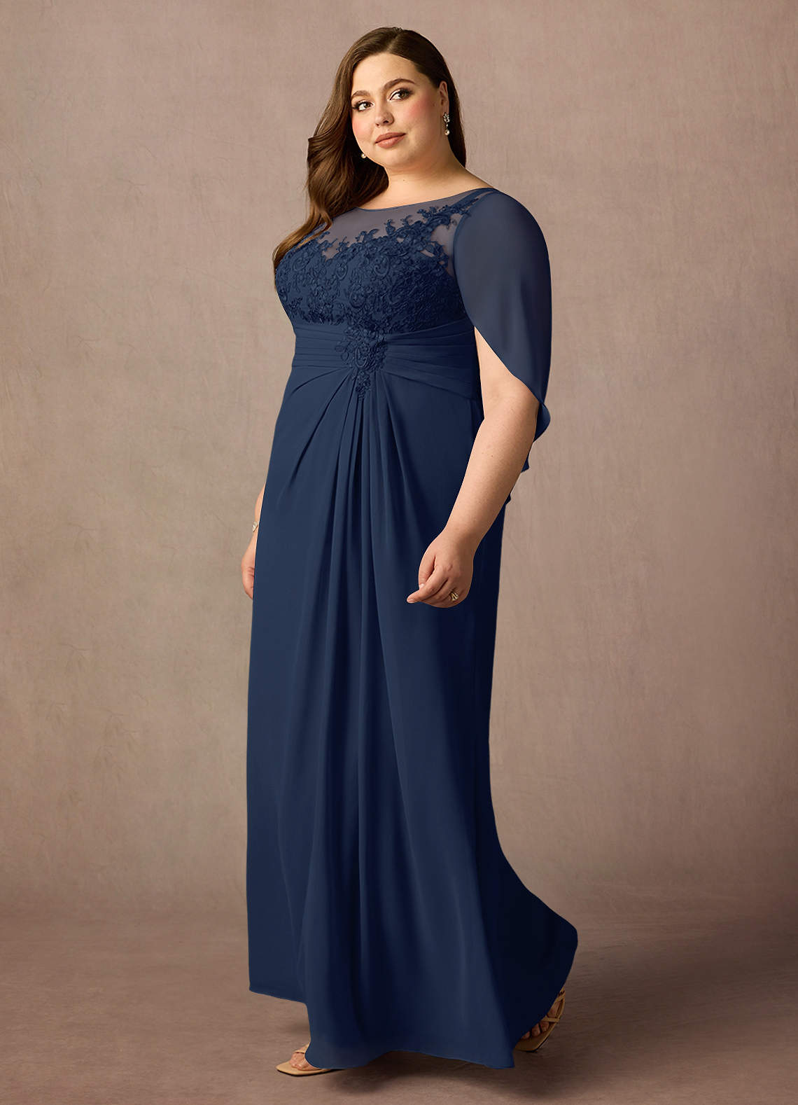 Dark Navy A-Line Lace Capelet Chiffon Dress