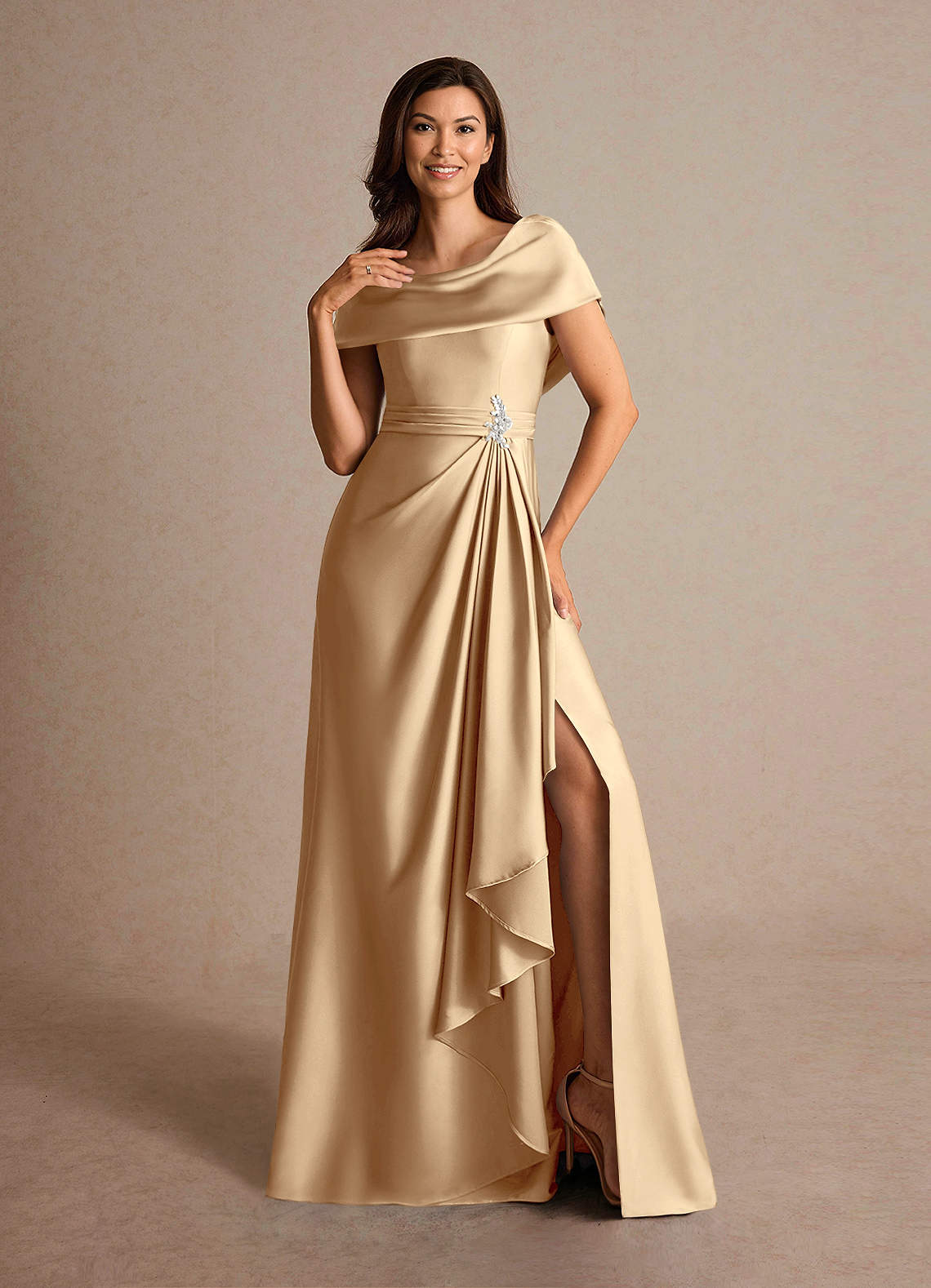 Champagne A-Line Pleated Stretch Satin Dress