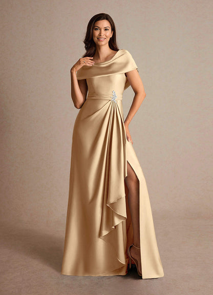 Champagne A-Line Pleated Stretch Satin Dress