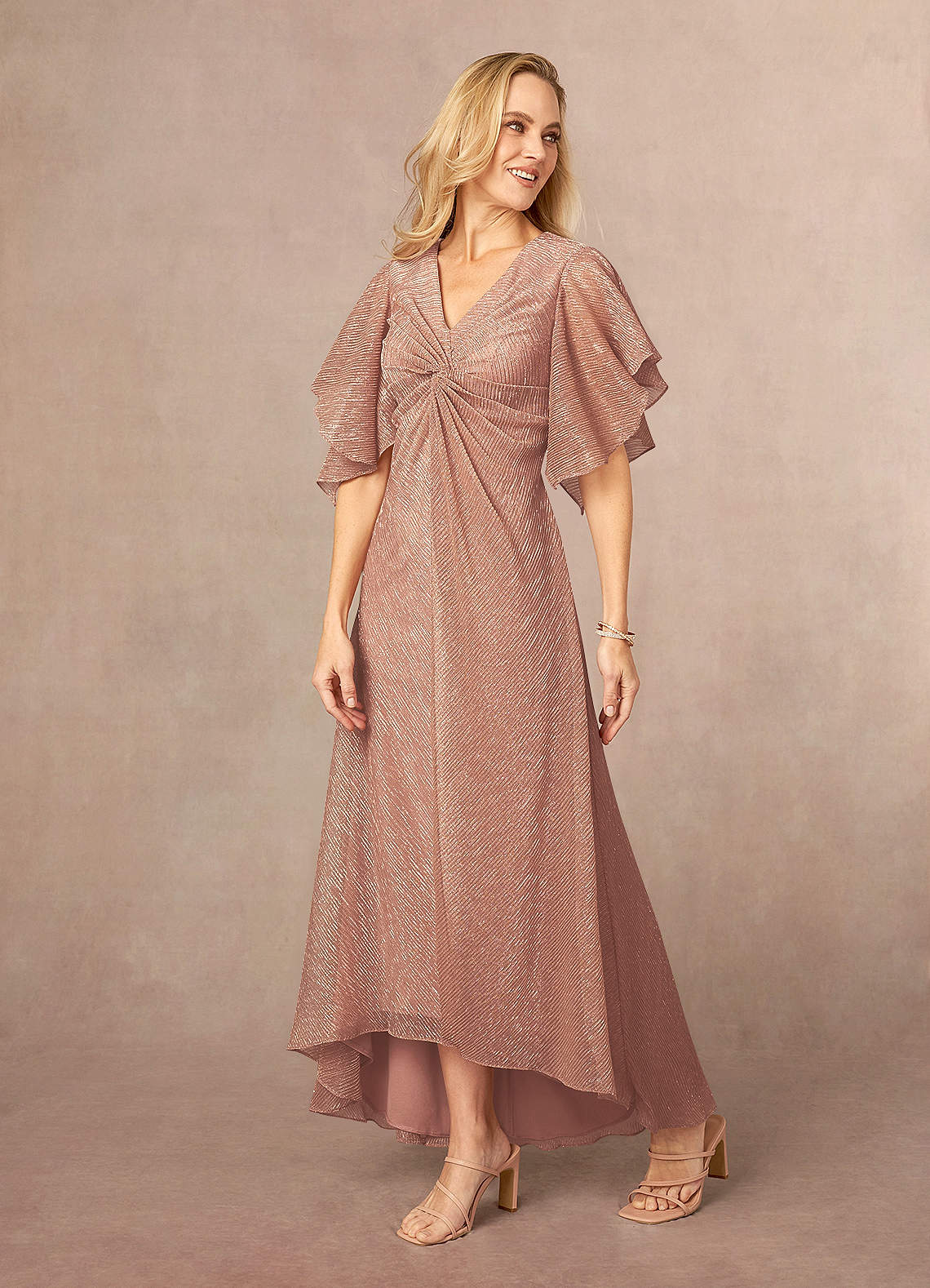 Rose Gold A-Line Ruffle Flutter Sleeve Metallic Mesh Dress