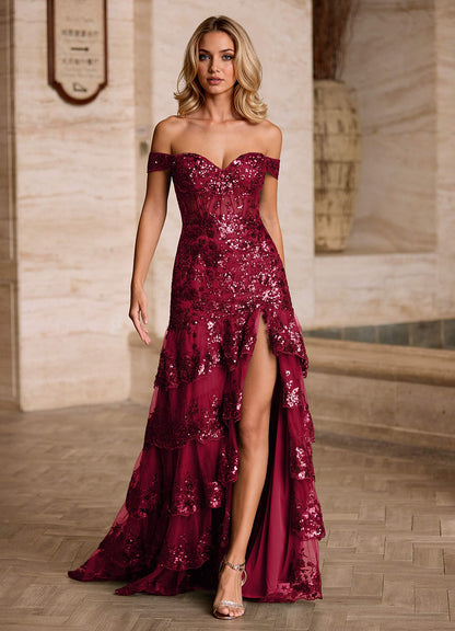 Jenna Red Ruffled Glitter Mermaid Prom Dress  Dress