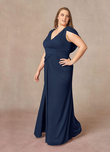 Dark Navy Mermaid V-Neck Pleated Mesh Dress