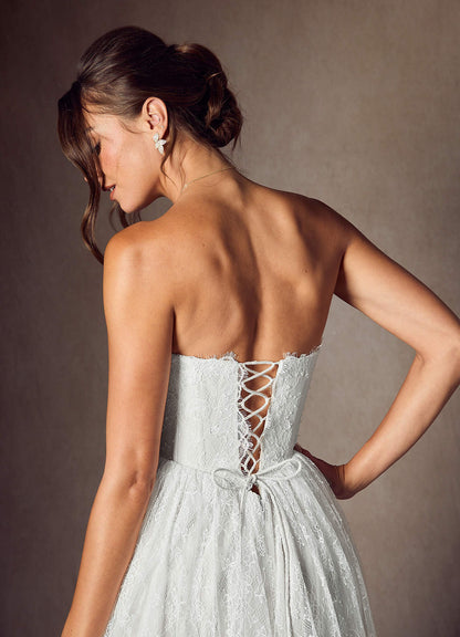 Diamond White A-Line Strapless Lace Dress