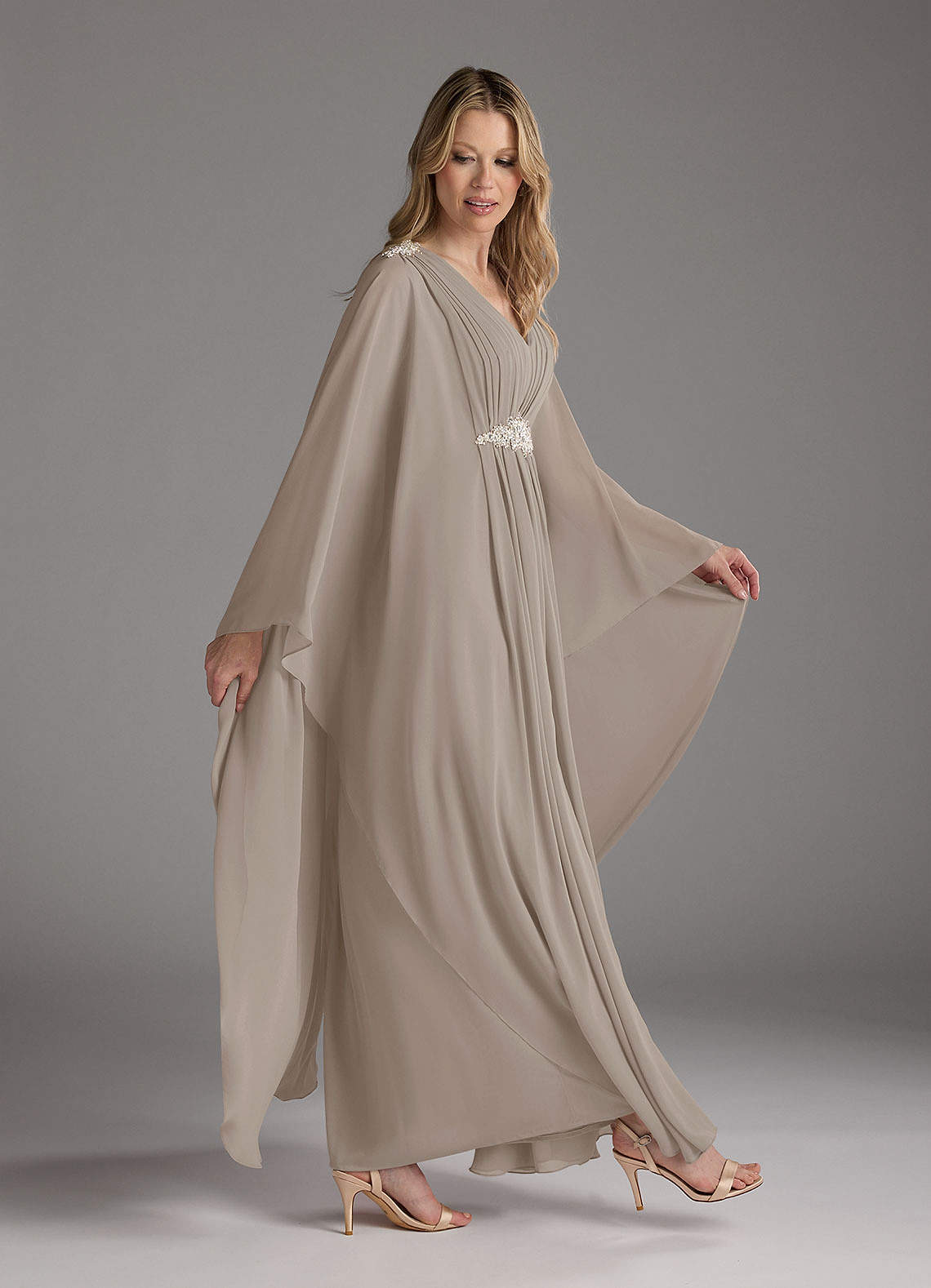 Taupe A-Line Pleated Chiffon Dress