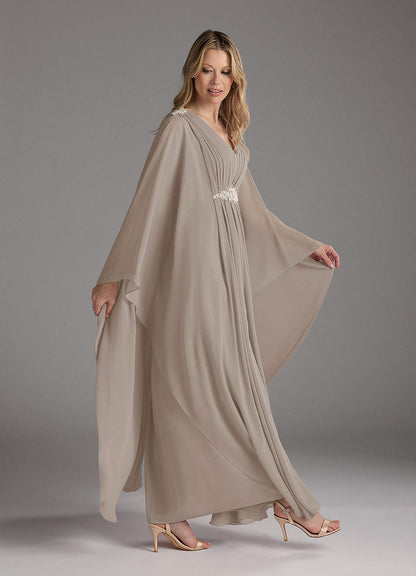 Taupe A-Line Pleated Chiffon Dress