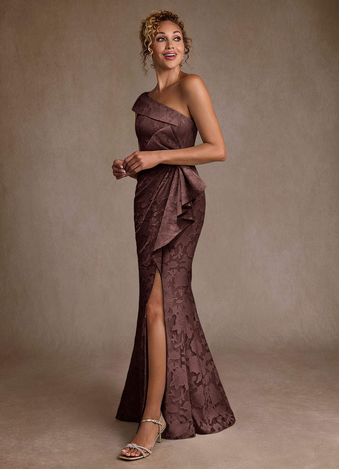Espresso Mermaid One Shoulder Floral Burnout Dress