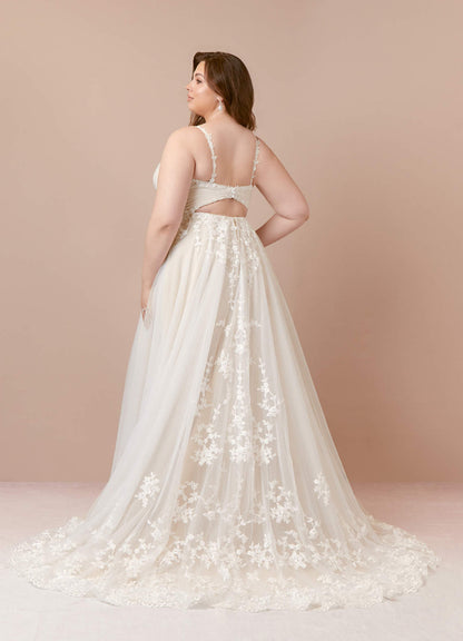 Diamond White Champagne A-Line V-Neck Lace Tulle Dress