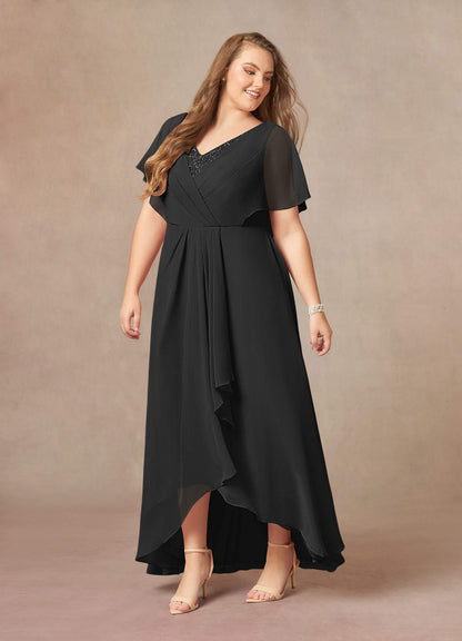 Black A-Line V-Neck Pleated Chiffon Dress