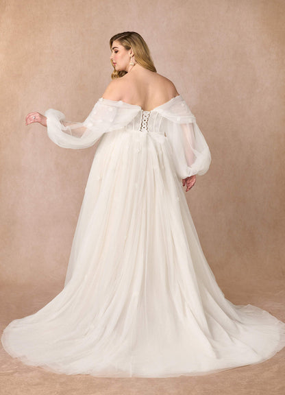 Diamond White Champagne A-Line Off the Shoulder Tulle Dress