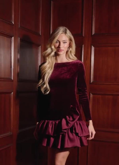 Ester Wine Ruffle Mini Dress  Dress