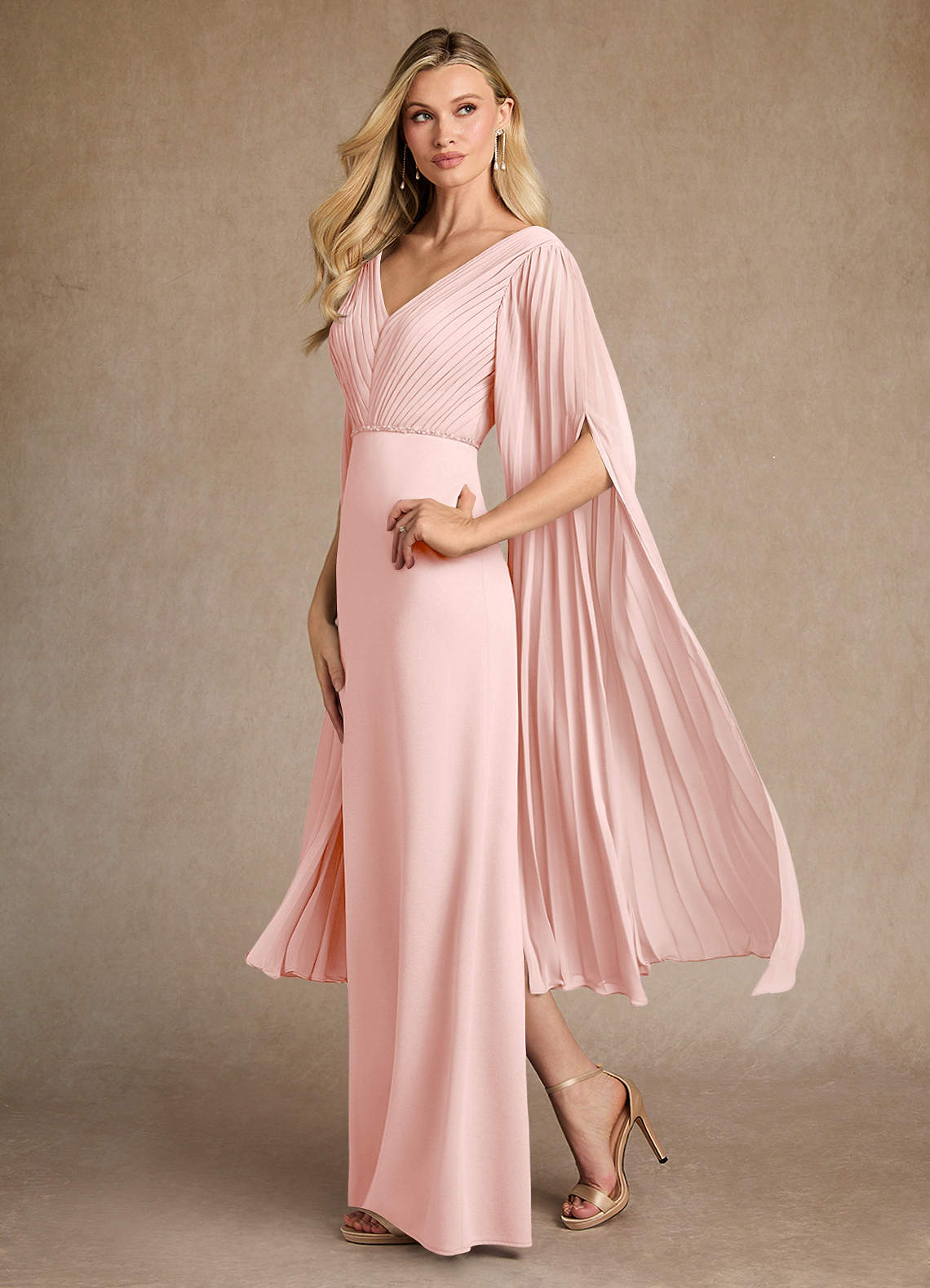 Blushing Pink Column Pleated Stretch Crepe Dress