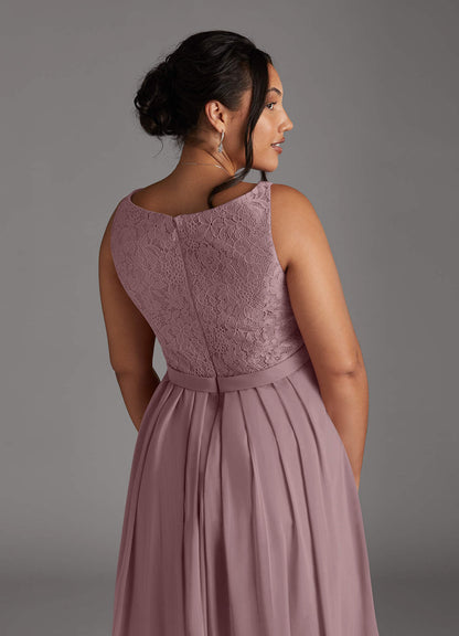Dusty Rose A-Line Square Neckline Lace Chiffon Dress
