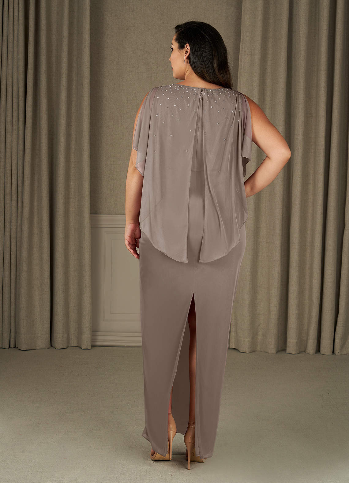 Taupe Sheath Beaded Mesh Dress